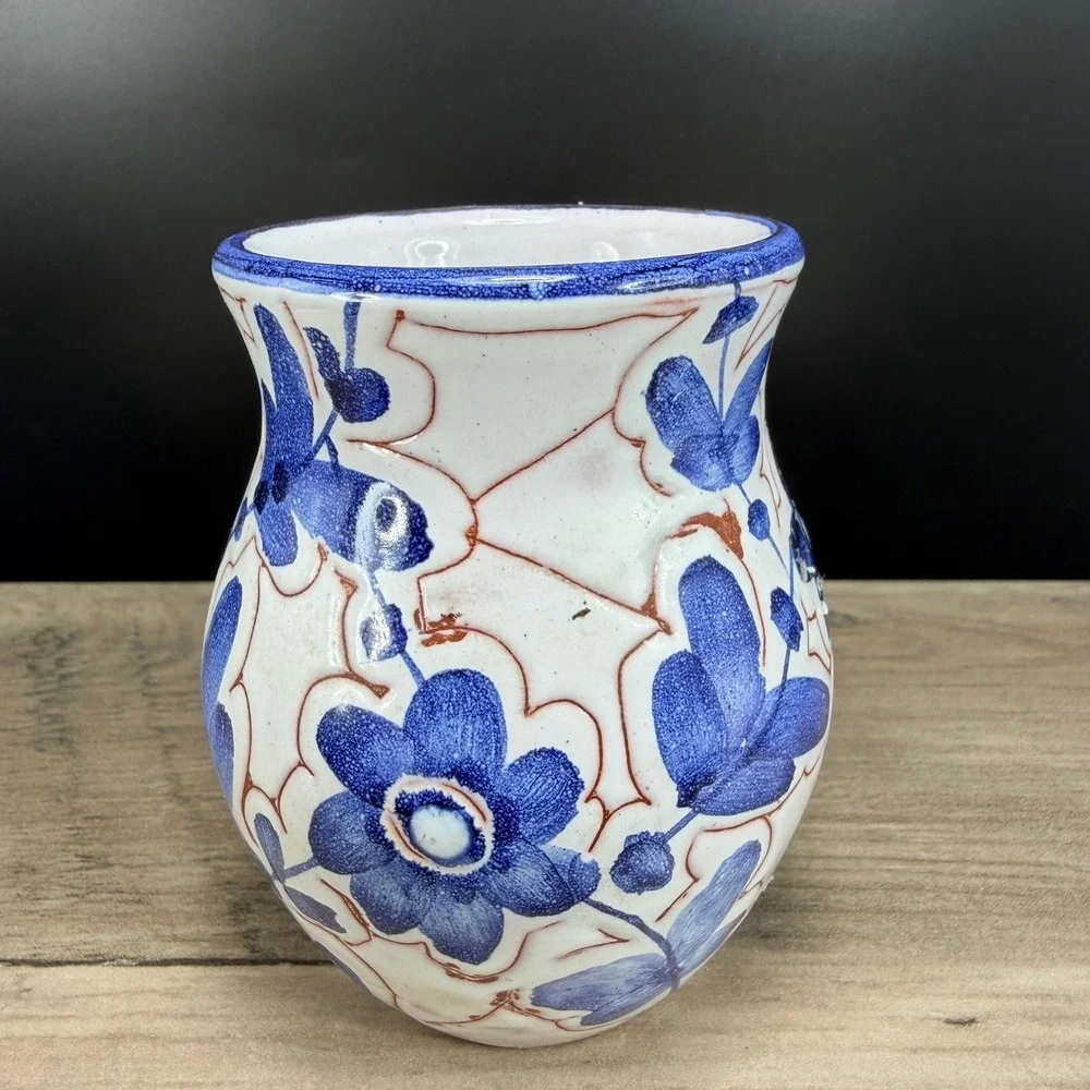 Vintage Made in Norway Blue White Floral‎ Ceramic Bud Vase Hand Painted 3.5 Inch
